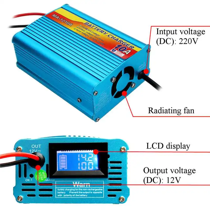 220VAC 10A Battery Charger LCD Fully Automatic Battery Charging Equipment Fast Charging For Standard Automotive Adapter