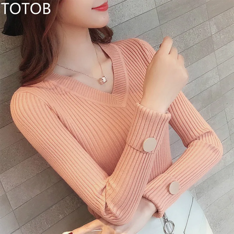 V-Neck Split Women Sweater High Elastic Solid 2019 Fall Winter Fashion Slim Sexy Knitted Pullovers Black White | Женская одежда