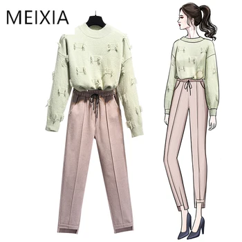 

MEIXIA 2020 Autumn Winter Two piece set Casual O-neck Solid Loose Tassel Top + Pants Drawstring Pockets Office Lady 2 Piece Set