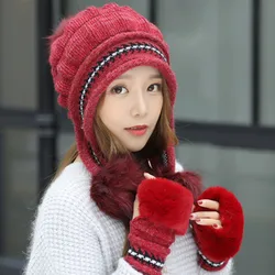 2 Pcs Winter Women's Hat Gloves Set Knitted Thicken Warm Plus Velvet Beanie with Hair Ball Female Gloves Suit for Ladies Girls