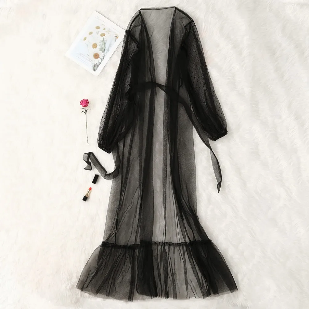 Новинка, Сетчатое кимоно, халат, женский халат с поясом, сексуальные черные халаты с v-образным вырезом, макси, длинный халат, женская одежда, платья