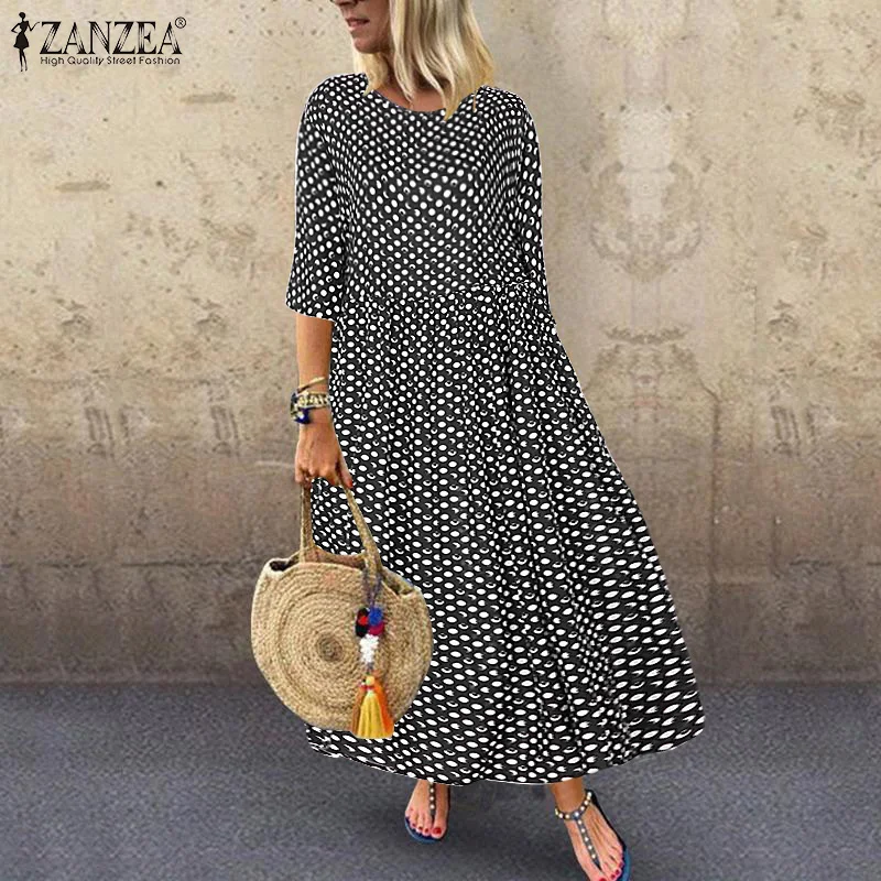

2019 Women 3/4 Sleeve Sundress ZANZEA Summer Vintage Polka Dot Print Dress Casual Bohemian Cotton Party Long Vestido Female Robe