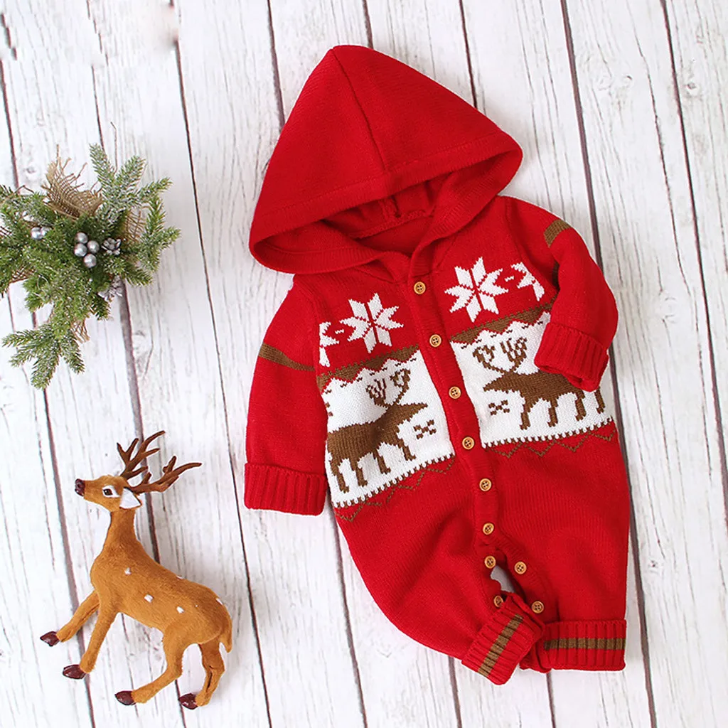 Babe Christmas Hooded Elf Pajamas Outfits Newborn Baby Boy Girl Winter Christmas Hood Deer Knitted Crochet Jumpsuit Romper