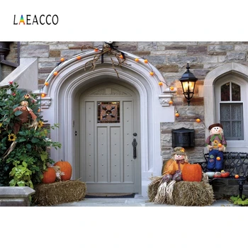 

Laeacco Rural House Arch Door Doll Haystack Pumpkin Photo Backdrops Autumn Photography Backgrounds Halloween Portrait Photophone