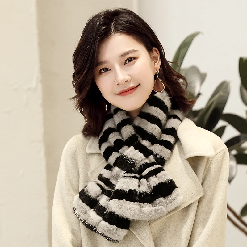 Lantafe Mink Scarf Winter For Women Real Fur Collar Stripe Pattern Neck Warm Scarfs Fashion |