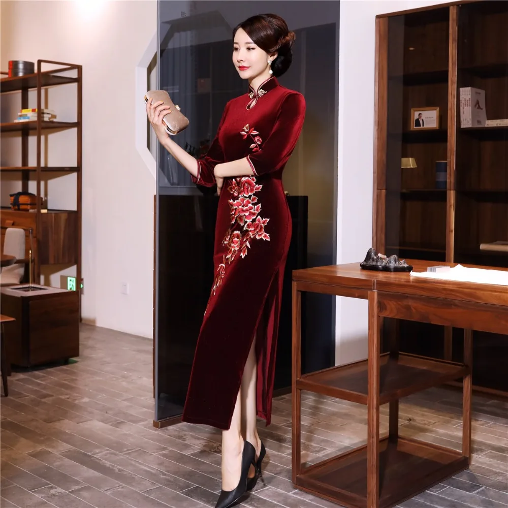 Шанхай история бархат Cheongsam китайское платье вышивка Qipao длинное