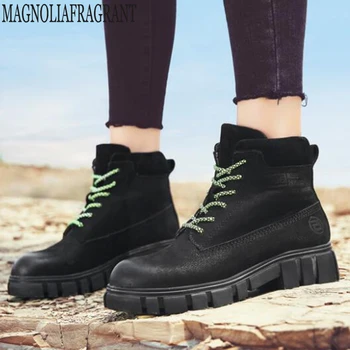 

Boots Women Fashion Solid Leather Middle Lace-Up Thick ankle Boots Round Toe Shoes Outdoor Leather Winter Female Shoes y589