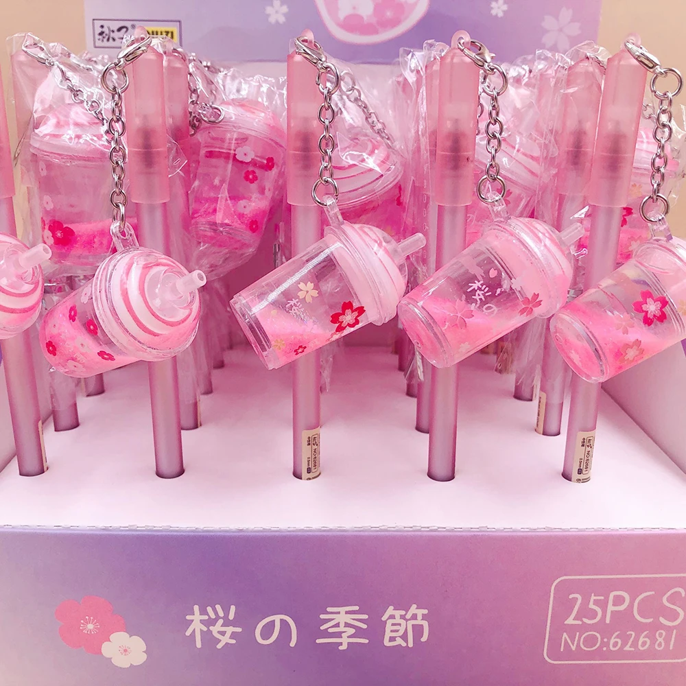 

1 Pcs Cherry Blossom Milk Tea Cup Pink Pendant Gel Pen 0.5mm Black Ink Writing Pens Student School Office Stationery Supply