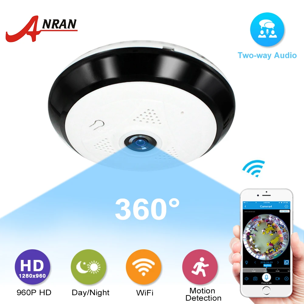 

ANRAN 360 Panoramic Camera 960P Home Security Wifi Camera Fisheye Surveillance Camera Two Way Audio Night Vision wireless Camera