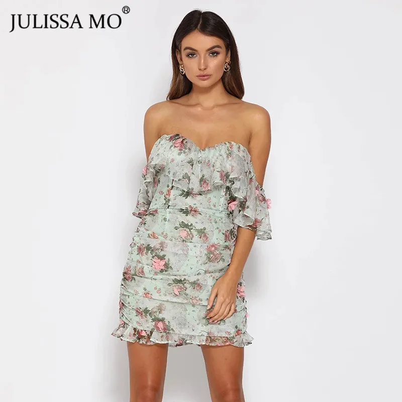 Женское платье с цветочным принтом JULISSA MO, облегающее короткое платье с открытыми плечами и оборками, элегантное вечернее платье с открытой ... Женское платье с цветочным принтом JULISSA MO, облегающее короткое платье с открытыми плечами и оборками, элегантное вечернее платье с открытой ...