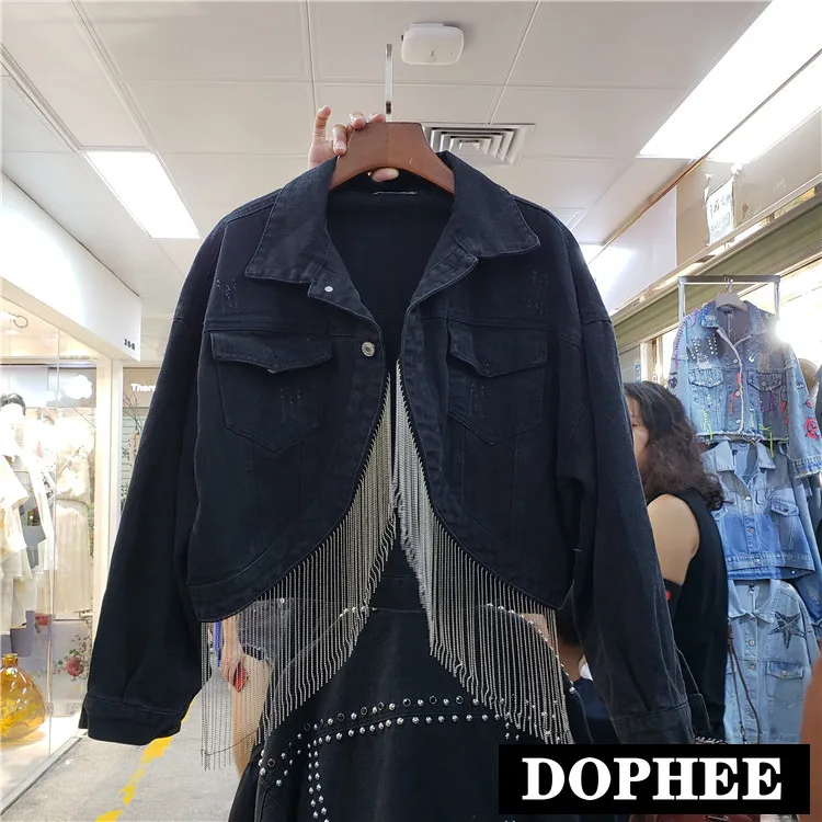 

New Spring Fall Women Tassel Chain Cowboy Coat Short Jacket Female Students Black Jeans Coat Students Streetwear Outwear