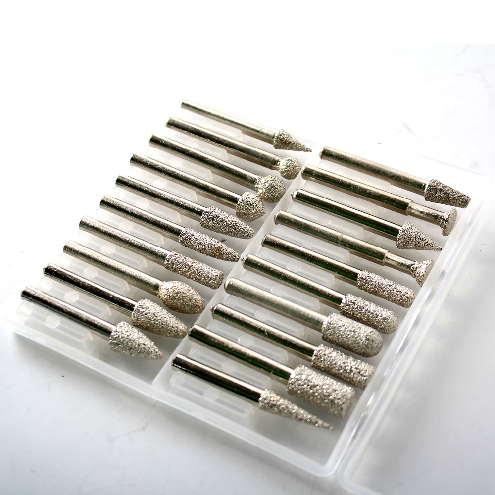 Set of 20 1/4 Shank Diamond Coated Grinding Burrs Sets 60 Grit Diamond Mounted Points Carving Bits Grinding Bits Grinding Head for Dremel Rotary Tool 