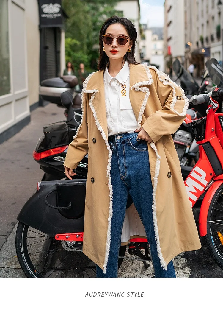 Осень зима Gloria& Grace английский стиль Большие размеры Kaki мода лоскутное кисточкой Винтаж длинный плащ верхняя одежда
