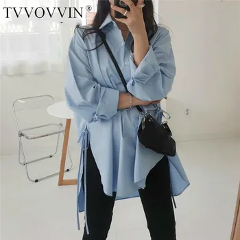 

Korea Women Shirt Long Sleeve Irregular Bandage Cotton Woman Blouses Shirts Asymmetry Plus Size Casual Long Summer Blouses W106