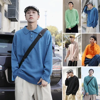 

Men's sweater new fall/winter 2019 slim solid color versatile knit pullover loose casual lapel fashion youth men's wear