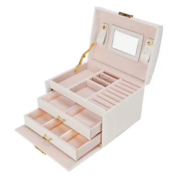 

3-layer PU Leather Large Capacity Jewelry Storage Display Box with Mirror