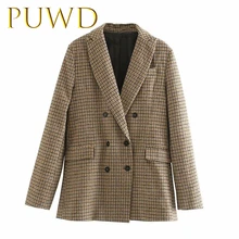 PUWD, новинка, женский костюм, пальто на осень, двубортный клетчатый костюм с декоративным поясом