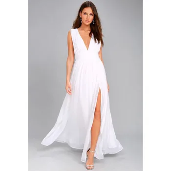 

Sexy Solid Women Fall Sleeveless Deep V-Neck Backless Vintage Long Boho Party Cocktail Casual Loose Beach White Bodycon Dresses