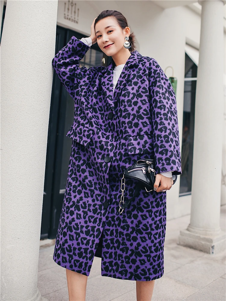 LANMREM фиолетовое леопардовое кашемировое шерстяное пальто для женщин, осеннее и зимнее новое длинное шерстяное пальто выше колена с отворотом PB842