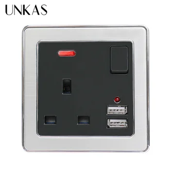 

UNKAS Wall Power Socket UK Standard Socket With Neon 2.1A Dual USB Charger Port Stainless Steel Frame Black Outlet