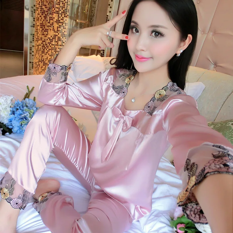 

Spring And Autumn Women's Silk Pajamas Long Sleeve Thin Women's Summer Sexy Chiffon Real Silk Pajamas Suit Viscose Home Wear