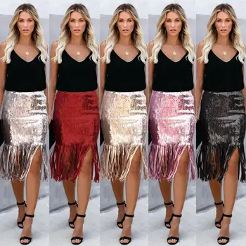 

European and American women's autumn fashion new sequins high waist fringed skirt
