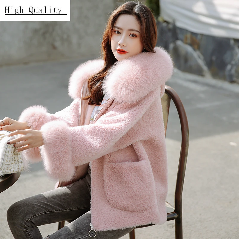 

Autumn Winter Lamb Fur Coats Women Real Sheep Shearing Jakcets Women Natural Fox Fur Wool Overcoat Clothes 2020 LWL1388