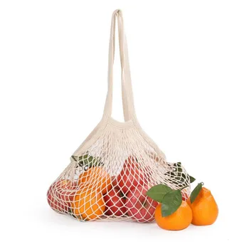 

Portable Reusable Grocery Bags Fruit Vegetable Bag Washable Cotton Mesh String Organic Organizer Handbag Long Handle Net Tote