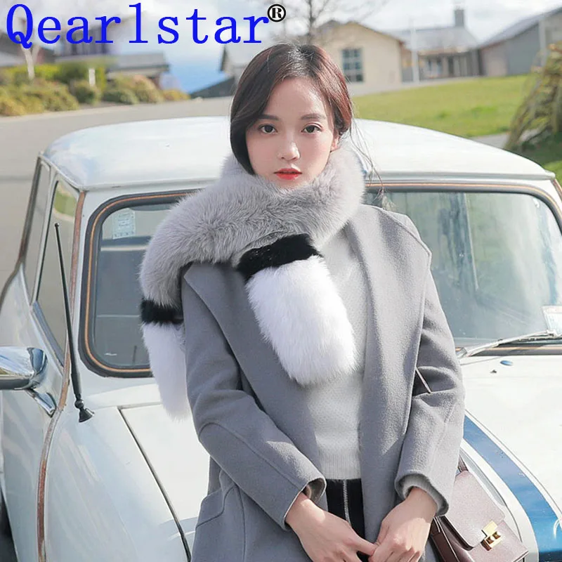 Qearlstar женские шарфы из искусственного меха лисы супер длинные полосатые Лоскутные зимние роскошные пушистые модные теплые меховые шарфы FY15