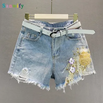

Floral Shorts Women 2020 Summer New Loose High Waist Rhinestone Burrs Denim Shorts Female Wide-leg Shorts