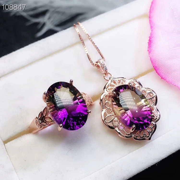

MeiBaPJ Dream Cut Natural Ametrine Fine Wedding and Party Jewelry Set 925 Pure Silver Necklace and Ring Suit for Women