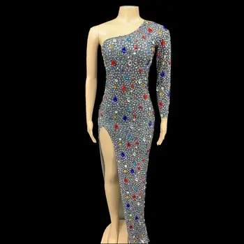 

Luxury Rhinestone One Shoulder Long Dress Lady Evening Prom Party Diamonds Dresses Birthday Celebrate Outfit Sexy Stage Wear