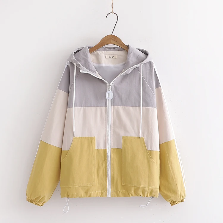 

2019 Autumn Women Basic Jacket Zipper Hooded Contrast Color Thin Outwear Loose Plus Size Chothing YoYiKamomo