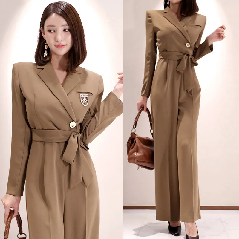 

Women Jumpsuit Long Sleeve Autumn Elegant Wide Leg Playsuit Overalls Lace-up Notched Collar Single Button Jumpsuit JK251