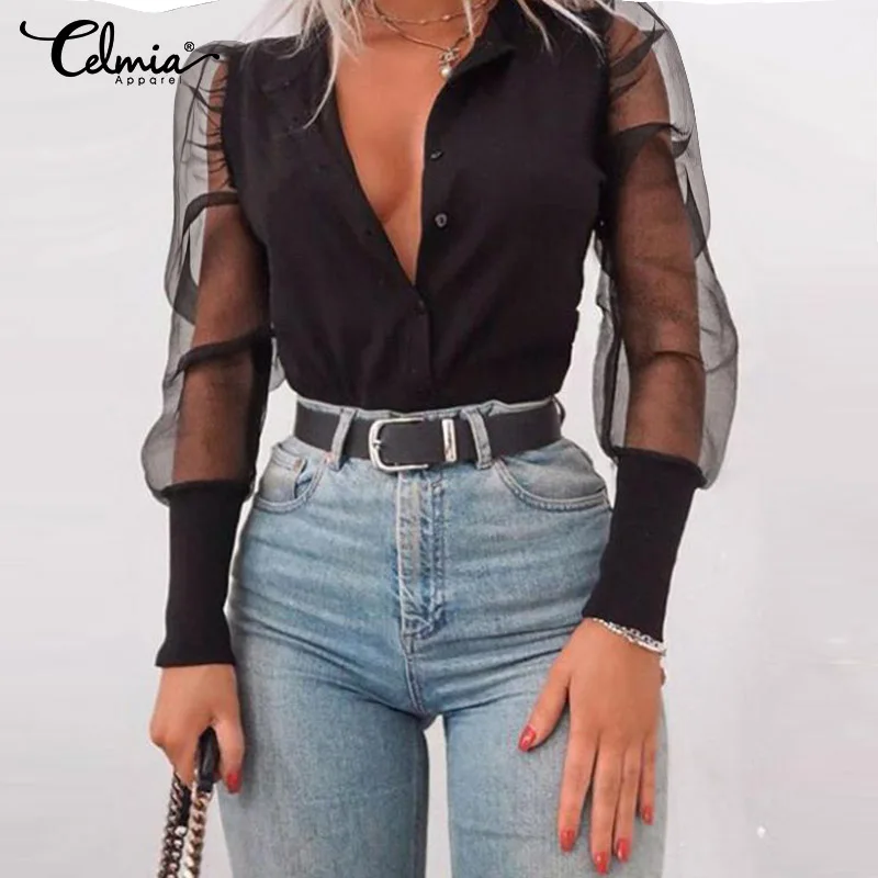 

Celmia Oversized Women Sheer Long Sleeve Blouses Sexy See-through Mesh Tunic Tops Casual O neck Shirts Elegant Party Blusas 5XL