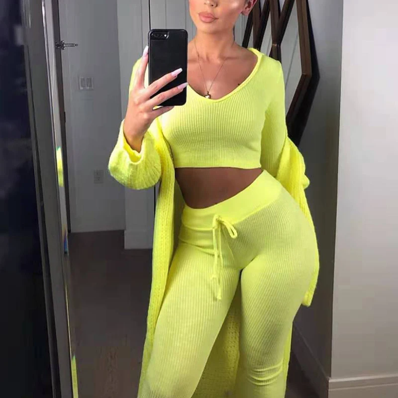 

OMSJ 2019 Fall Clothes Women Knitted Fluorescent Green Full Sleeve Crop Top+Pants Two Piece Tracksuit Ladies Casual Oufits Mujer