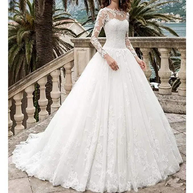 Mrs Win Vestido De Noiva, бальное платье с длинным рукавом, классическим круглым вырезом и шлейфом на шнуровке, роскошные кружевные свадебные платья принцессы размера плюс - Цвет: pure white