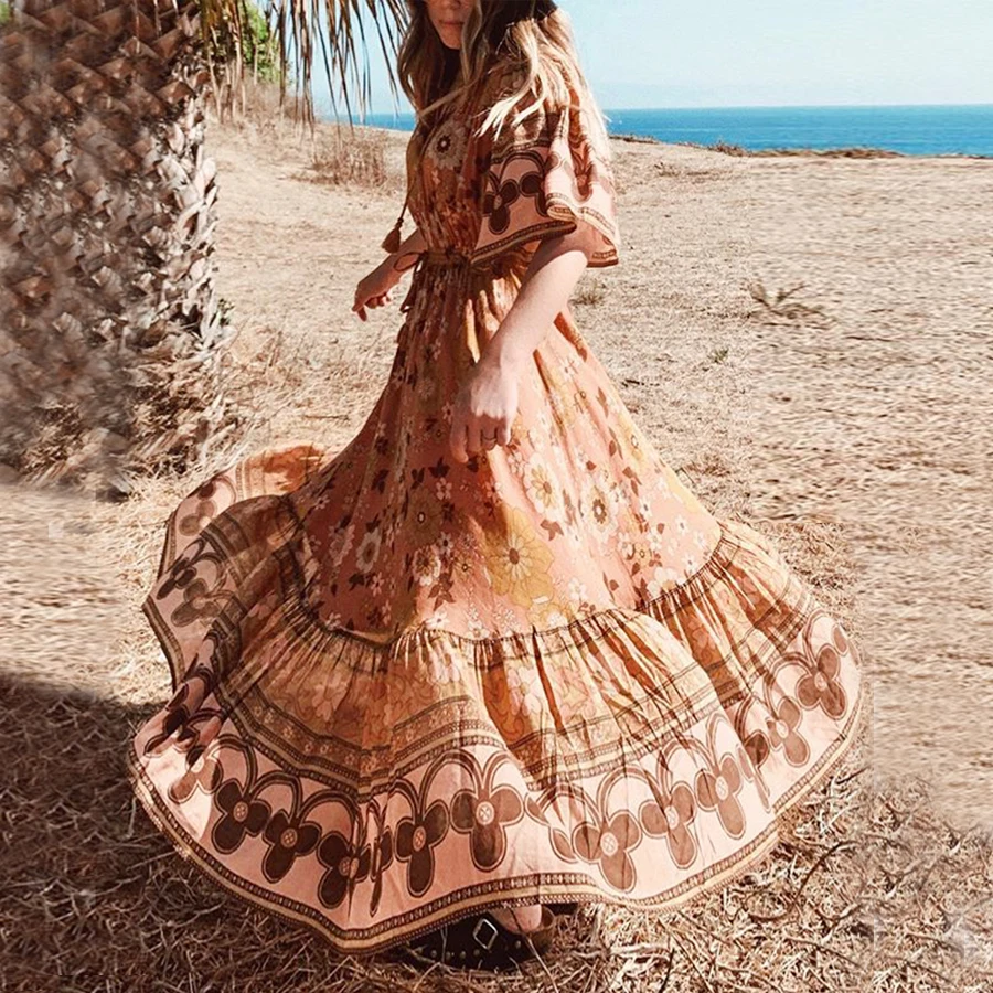 maxi AYUALIN boho мини платья для женщин хлопок золотой цветочный принт летние платья свободные пляжные платья Bohemia playdress Vestidos robe - Цвет: maxi
