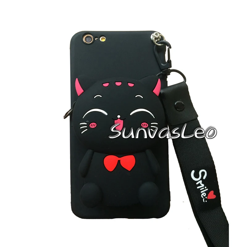 Black Lucky Cat For Samsung Galaxy A10 A20 A30 A40 A50 A60 A70 A80 3D Purse Cartoon Animal Soft Silicone Case Wallet Phone Cover Strap Chain Bag - Цвет: Black Lucky Cat