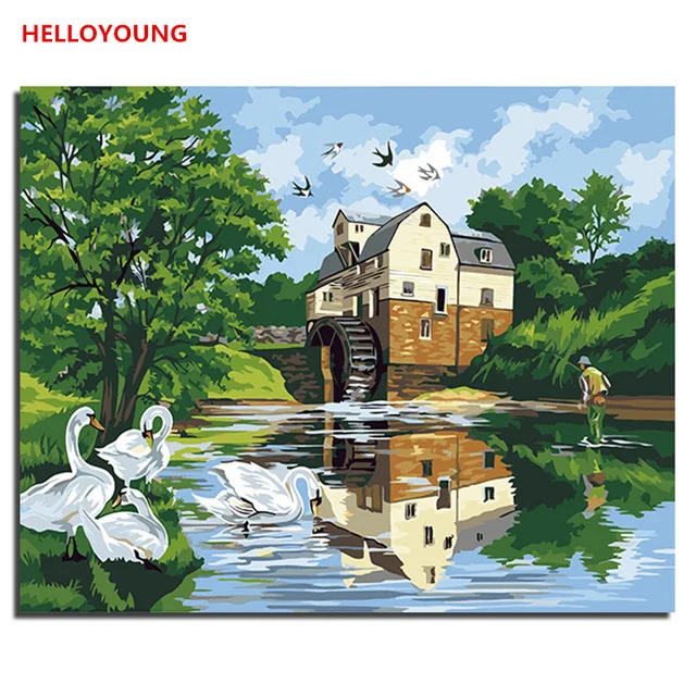 Домик на озере ручная роспись цифровая печать масляной картины живопись по номерам Масляные картины китайские картины-свитки украшение дома - Цвет: YH243