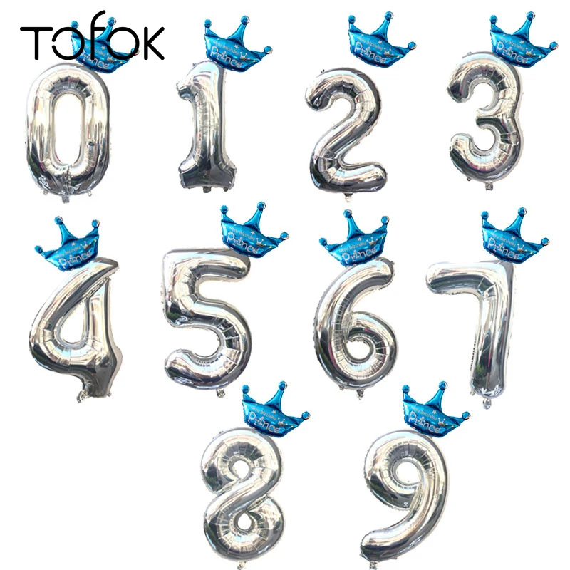 Tofok 32-дюймовый Серебряный 0-9 воздушный шар в форме цифры с мини-корона Алюминий шар для малышей и детей постарше воздушный шар для вечеринки на день рождения украшение дома