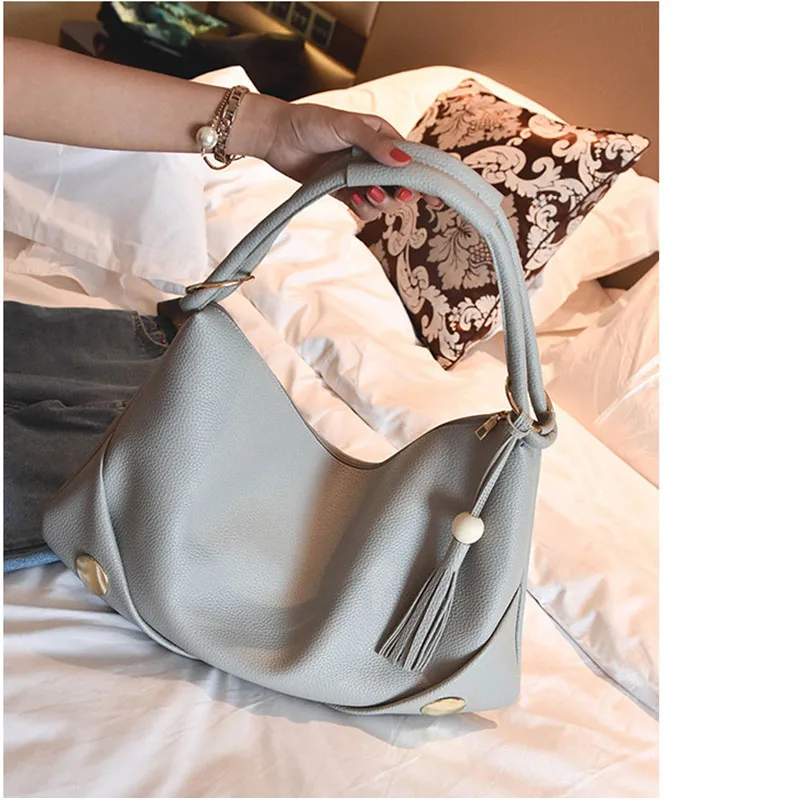SMOOZA New arrival Tassel Large capacity handbags Luxury Shoulder Bags Hobos Designer Bag For Women fashion Ladies PU Leather - Цвет: Серый