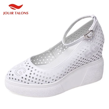 

New Arrivals Lesiure Platform Genuine Leather Skin High Heeled Summer Women Shoes Wedges ankle-strap Sandals Woman