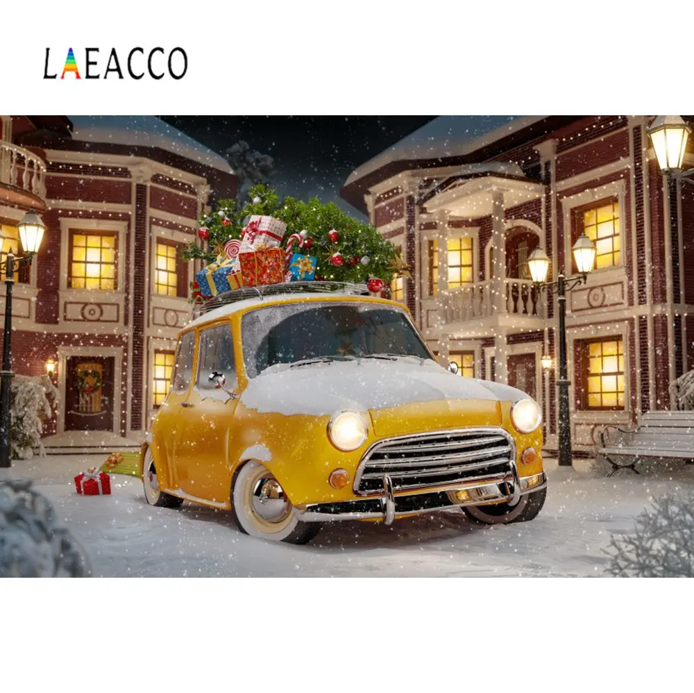 

Winter Backdrops For Photography Town Snow Car Merry Christmas Tree Gift Square Party Photo Background Photocall Photo Studio