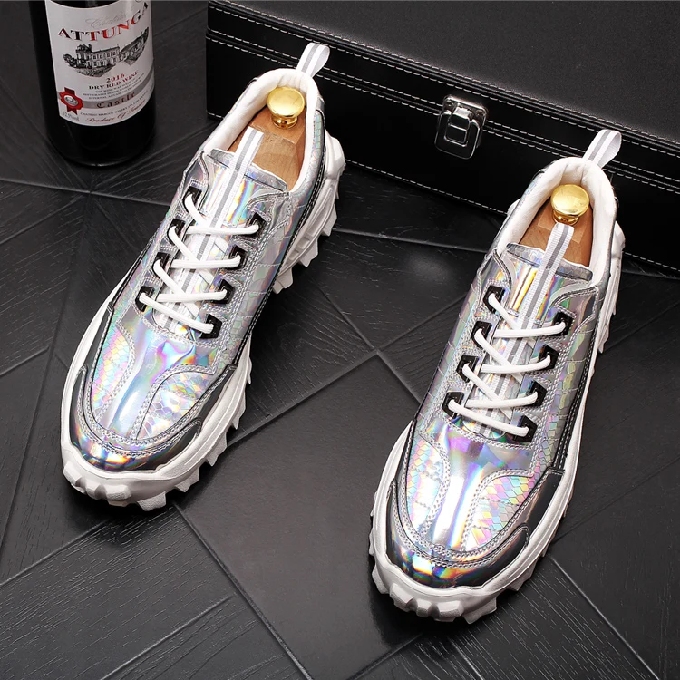 New Men Fashion Casual Shoes Autumn Bling Patent Leather Thick Bottom Sneakers Male Youth Trending Shoes for web celebrity