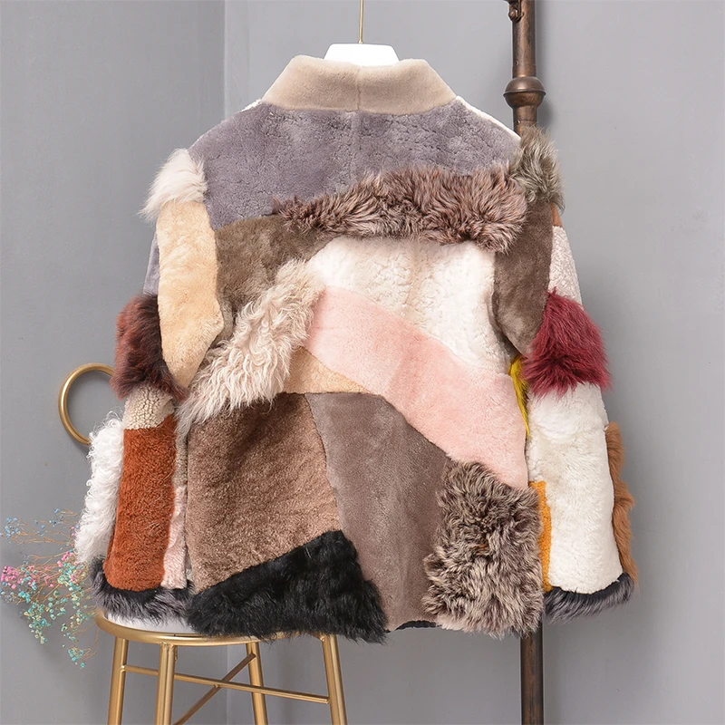 Натуральное пальто из натурального овечьего меха, разноцветная куртка из натуральной кожи, женская одежда, зимняя парка из овечьего меха в стиле пэчворк, толстый теплый натуральный мех