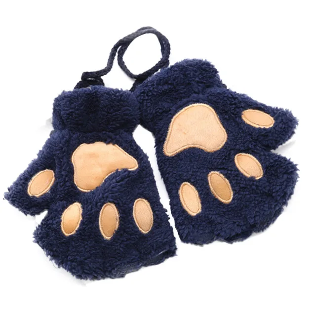 Женские милые пушистые плюшевые перчатки Warmt с когтями в виде лап медведя, кошки, зимняя рукавица, мягкие плюшевые короткие перчатки без пальцев - Цвет: Тёмно-синий
