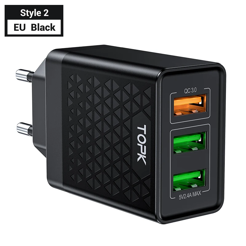 EU Black for Style 2 TOPK B348Q Quick Charge 3,0 USB Зарядное устройство QC3.0 быстрой зарядки нескольких Зарядное устройство для samsung S10 Xiaomi Mi9 путешествия Сетевое зарядное устройство для телефона - Тип штекера: EU Black for Style 2