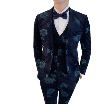 

( Jacket + Vest + Pants ) velvet suit British style Mens slim fit Blazer wedding Prom Groom Formal Business Work Wear suit 3pcs