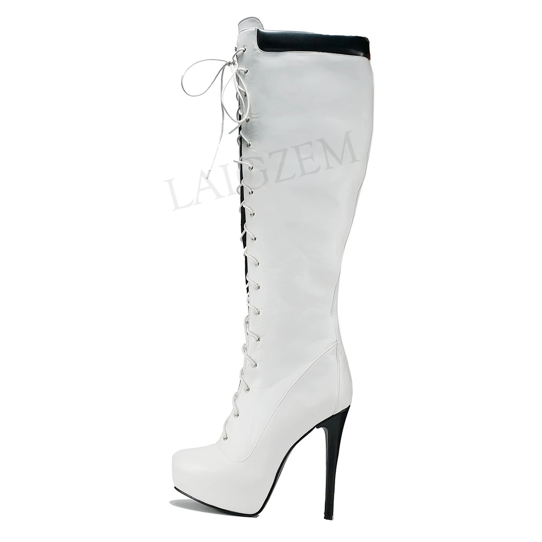 LAIGZEM/Высота платформы по колено; сапоги на высоком каблуке-шпильке; зимние расклешённые сапоги на заказ; женская обувь; Botines Mujer; большие размеры 50, 51, 52